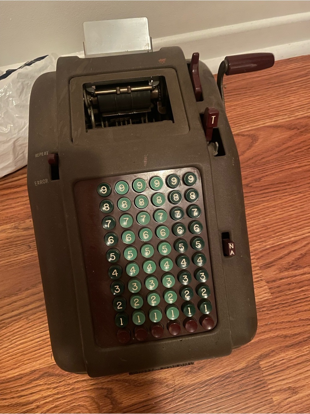 Vintage Mechanical Adding Machine - Brown with Green Keys